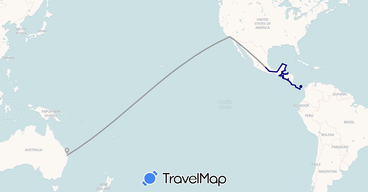TravelMap itinerary: driving, plane in Australia, Belize, Costa Rica, Guatemala, Honduras, Mexico, Nicaragua, Panama, El Salvador, United States (North America, Oceania)